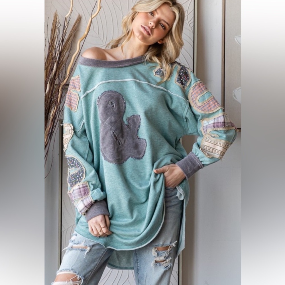 Oli & Hali medium Green Patchwork Tunic with Gray Terry Appliqué Rock & Roll new